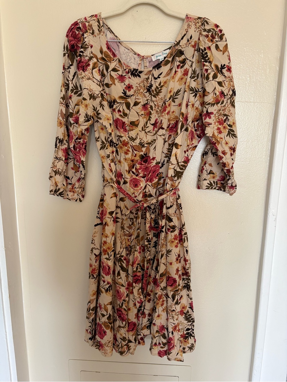 Grace & Lace Beige Floral Tie-Waist Long Sleeve Dress